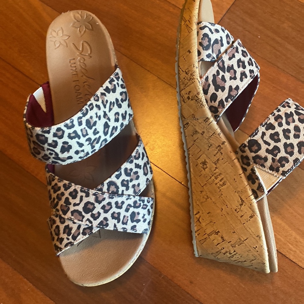 Skechers Leopard Print Cork Wedge Sandals